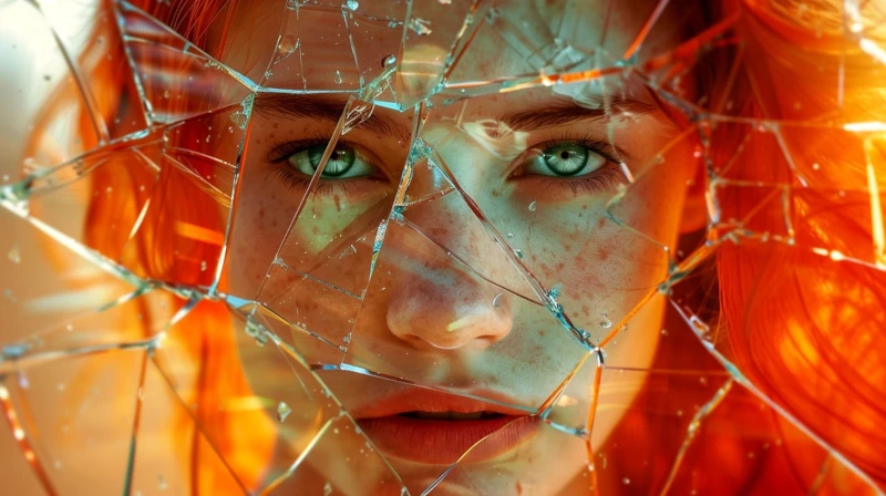 Photo of a girl behind shattered glass